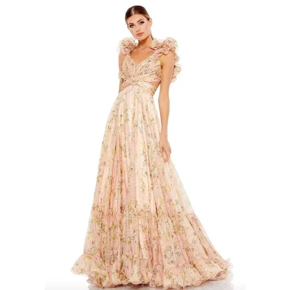 Anthropologie Mac Duggal Indy Ruffle Tiered Floral Chiffon Gown Size 2 Maxi Dres - Picture 1 of 8